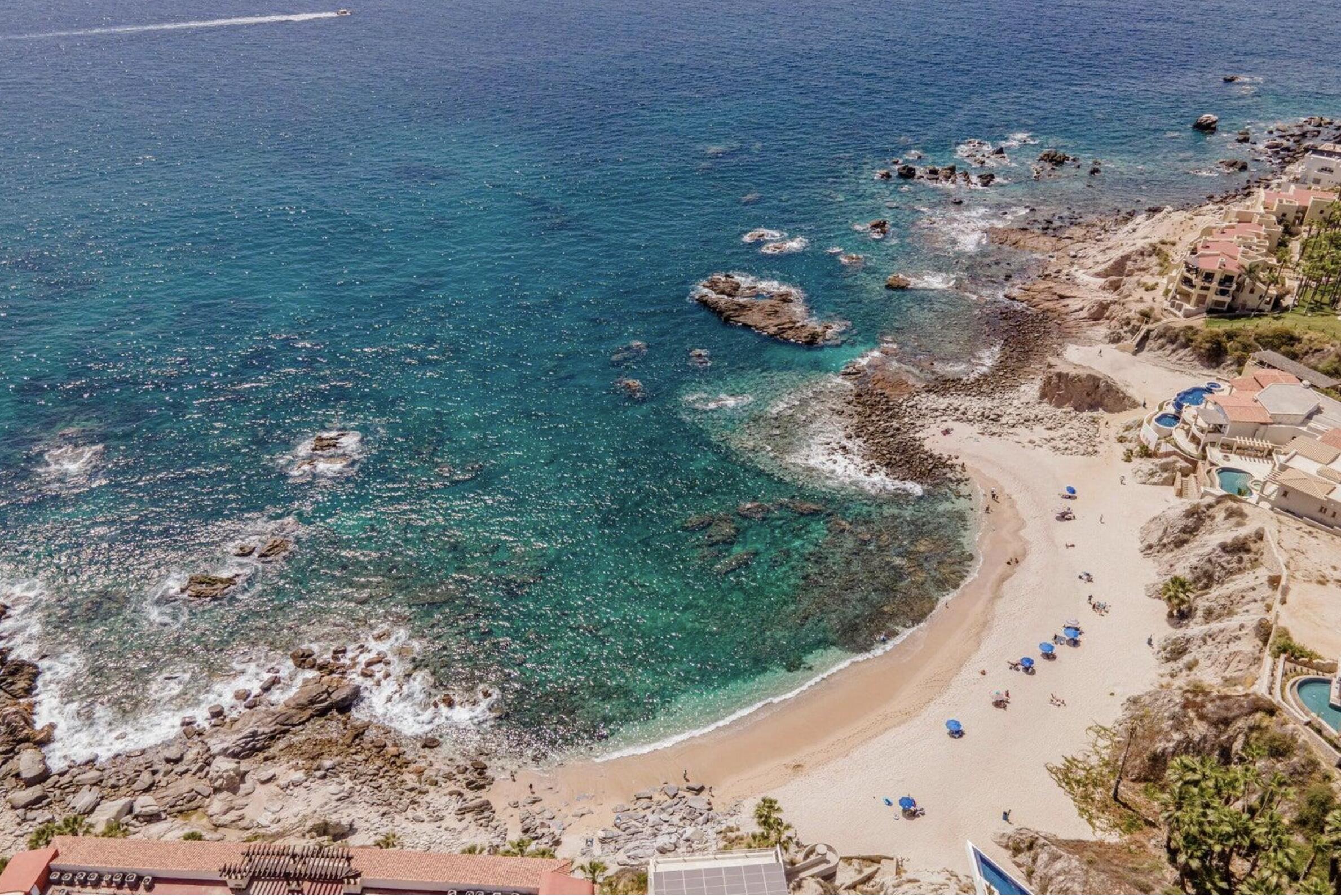 Chileno Bay Cabo Bello Cabo Bello is a gated community w pristine swimmable beach and convenient short distance to downtown marina w also easy access to San Jose del Cabo. There are medical services, grocery stores, fine dining, spas and top-level golf courses within minutes. World renowned Monuments surf break is just around the corner from the Cabo Bello beach. Casa 132 is a Contemporary design 2 story home 4 bed, 5 bath w roof top terrace (Arch – 132 Paseo Baja, Cabo Corridor, BS